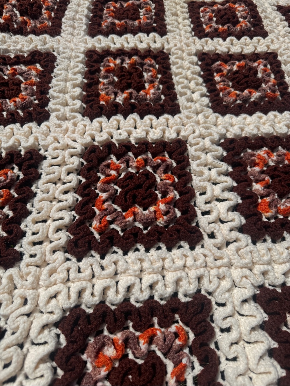 Vintage Granny Square Crochet Homemade Afghan Blanket Brown Orange Cream 45x80